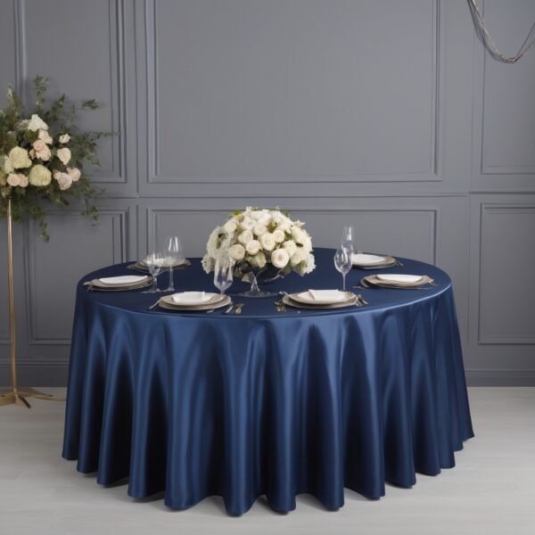 Mantel Redondo para Banquetes, Satinado Azul Naval, Alta Durabilidad, Lavable, Uso Rudo
