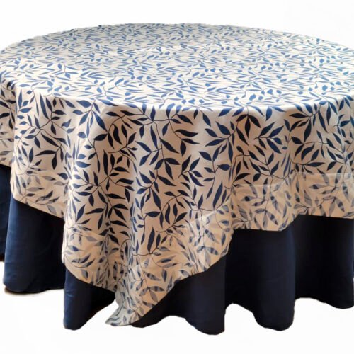 Cubremantel Cuadrado Azul y Blanco con Diseño de Hojas, 252 cm x 255 cm, Dobladillo de 15 cm