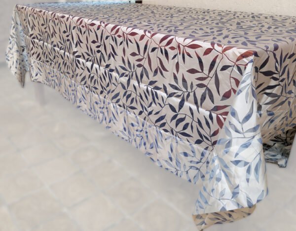 Cubremantel Cuadrado Azul y Blanco con Diseño de Hojas, 252 cm x 255 cm, Dobladillo de 15 cm